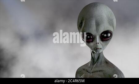 Unheimlich grau Alien geht und sieht blinkend auf einem dunklen rauchigen Hintergrund. UFO futuristisches Konzept. 3D-Rendering Stockfoto
