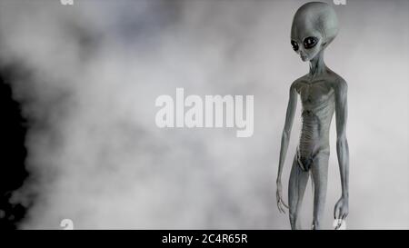 Unheimlich grau Alien geht und sieht blinkend auf einem dunklen rauchigen Hintergrund. UFO futuristisches Konzept. 3D-Rendering Stockfoto