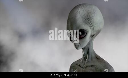 Unheimlich grau Alien geht und sieht blinkend auf einem dunklen rauchigen Hintergrund. UFO futuristisches Konzept. 3D-Rendering Stockfoto