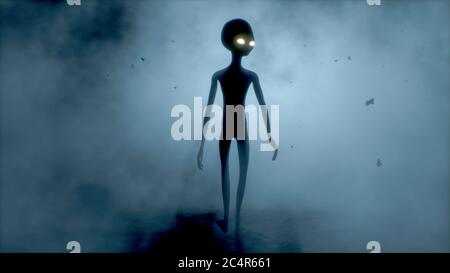 Unheimlich grau Alien geht und sieht blinkend auf einem dunklen rauchigen Hintergrund. UFO futuristisches Konzept. 3D-Rendering Stockfoto