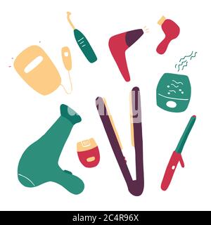 Symbol für Beauty-Geräte eingestellt. Haus und Salon Kosmetik Verfahren. Gadgets, Instrumente für Schönheit. Vektor-flache Doodle Illustration Stock Vektor