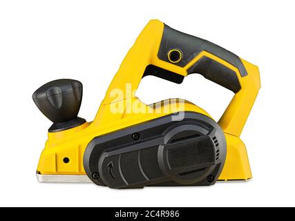 Gelbe elektrische Holzhobel Slicer Schneidemaschine isoliert auf weißem Hintergrund. Zimmerei Bau diy-Konzept. Stockfoto