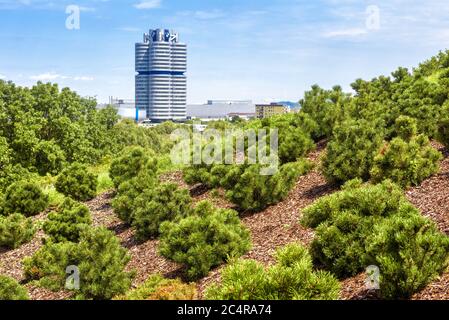 München, Deutschland - 2. Aug 2019: Landschaft mit Nadelbäumen und BMW-Welthauptsitz in München, Bayern. Landschaftlich schöner Blick auf den berühmten Turm von Olympic p Stockfoto