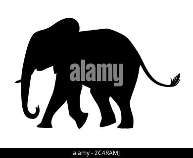 Schwarze Silhouette niedlichen Erwachsenen Elefant auf dem Spaziergang Cartoon Tier Design flache Vektor Illustration isoliert auf weißem Hintergrund Stock Vektor