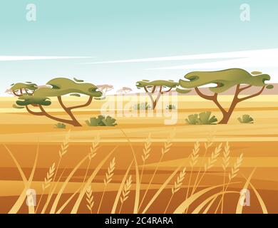 Landschaft Savanne Hintergrund mit klaren Himmel gelb Gras und grünen Baum flache Vektor Illustration Cartoon-Stil Stock Vektor