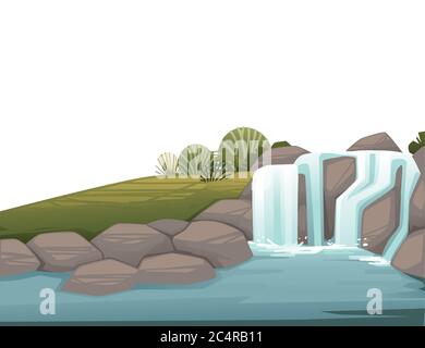 Landschaft der Landschaft Wasserfall auf Felsen Cartoon Design flache Vektor Illustration Stock Vektor