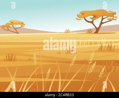 Landschaft Savanne Hintergrund mit klaren Himmel gelb Gras und Baum flache Vektor Illustration Cartoon-Stil Stock Vektor