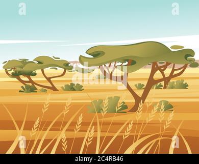 Landschaft Savanne Hintergrund mit klaren Himmel gelb Gras und grünen Baum flache Vektor Illustration Cartoon-Stil Stock Vektor