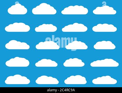 Set von weißen Wolken in flachem Stil auf hellblauem Hintergrund. Stock Vektor