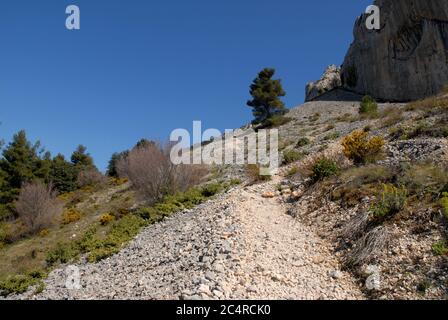 Weg zu Els Frares Kalksteinfelsen über einen Geröllhang, Sierra de Serrella, Comtat, Provinz Alicante, Comunidad Valenciana, Spanien Stockfoto