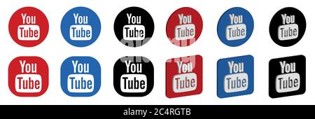 VORONEZH, RUSSLAND - 16. JANUAR 2020: Set von YouTube-Logo rund und quadratisch, flach und isometrisch Symbole in rot, blau und schwarz Farben Stock Vektor
