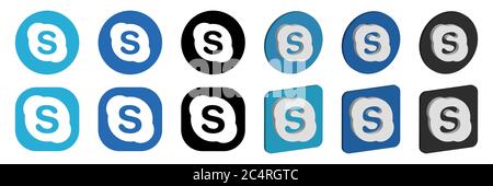 VORONEZH, RUSSLAND - 16. JANUAR 2020: Set von Skype-Logo rund und quadratisch, flach und isometrisch Symbole in blauen und schwarzen Farben Stock Vektor