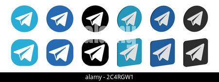 VORONEZH, RUSSLAND - 16. JANUAR 2020: Satz Telegram-Logo rund und quadratisch, flach und isometrisch Symbole in blau und schwarz Farben Stock Vektor