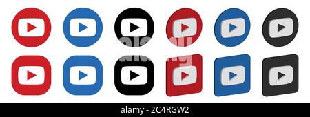 VORONEZH, RUSSLAND - 16. JANUAR 2020: Set von YouTube-Logo rund und quadratisch, flach und isometrisch Symbole in rot, blau und schwarz Farben Stock Vektor
