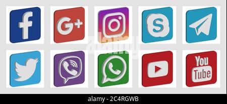 VORONEZH, RUSSLAND - 16. JANUAR 2020: Set von isometrischen quadratischen Social Media-Icons in Standard-Farben. Facebook, Twitter, Instagram, YouTube, Skype, Tele Stock Vektor