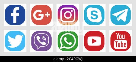 VORONESCH, RUSSLAND - 16. JANUAR 2020: Set von flachen quadratischen Social Media-Icons in Standard-Farben. Facebook, Twitter, Instagram, YouTube, Skype, Telegram Stock Vektor