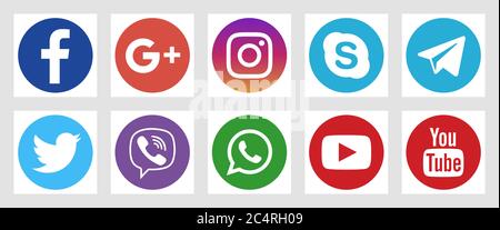 VORONESCH, RUSSLAND - 16. JANUAR 2020: Set von flachen runden Social Media Icons in Standardfarben. Facebook, Twitter, Instagram, YouTube, Skype, Telegram A Stock Vektor