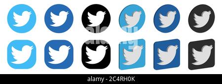 VORONEZH, RUSSLAND - 16. JANUAR 2020: Set von Twitter-Logo rund und quadratisch, flach und isometrisch Symbole in blau und schwarz Farben Stock Vektor