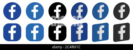 VORONEZH, RUSSLAND - 16. JANUAR 2020: Set von Facebook-Logo rund und quadratisch, flach und isometrisch Symbole in blau und schwarz Farben Stock Vektor