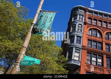 Historisches Pioneer Building, Pioneer Square, Seattle, Washington State, USA Stockfoto