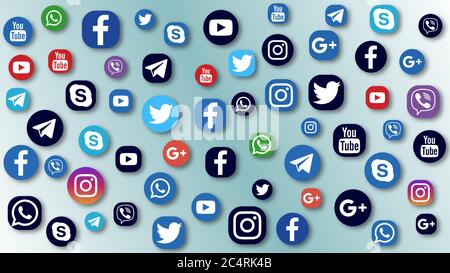 VORONESCH, RUSSLAND - 8. APRIL 2020: Hintergrund verschiedener flacher Social Media Icons in Standard und schwarzen Farben mit Schatten. Facebook, Twitter, Instagra Stock Vektor
