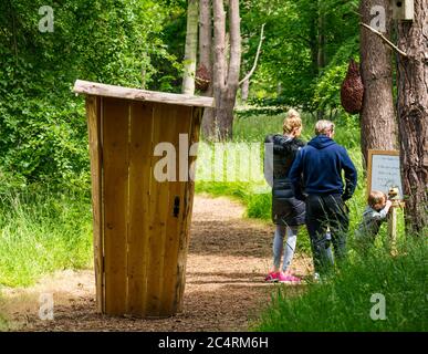 Eine Familie mit Kindern auf dem Märchenpfad mit einer einsamen Tür, Archerfield Estate, East Lothian, Schottland, Großbritannien Stockfoto