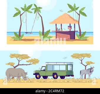 Sommer Reise semi flach Vektor Illustration Set Stock Vektor
