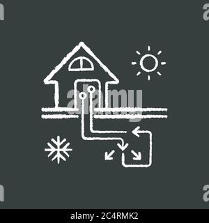 Geothermische Heizung und Kühlung Kreide weißes Symbol auf schwarzem Hintergrund Stock Vektor