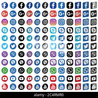 VORONESCH, RUSSLAND - 8. APRIL 2020: Set von flachen und isometrischen, runden und quadratischen Social-Media-Icons in Standard-und schwarzen Farben. Facebook, Twitter, Inst Stock Vektor