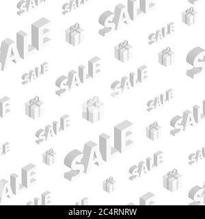 Nahtloses Muster auf Verkäufe und Rabatte mit isometrischen Inschriften und Geschenkboxen, grau auf weißem Hintergrund Stock Vektor