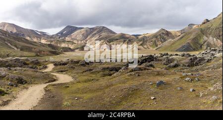 Empty volcanic trail in highlands of Iceland at Landmannalaugar Stockfoto