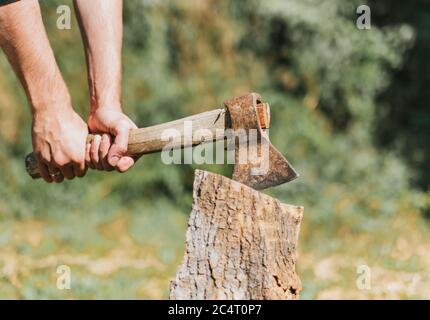 Mann hackt Baum. Stockfoto