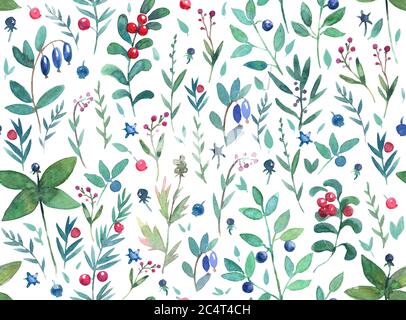 Nahtloses Muster mit Waldbeeren. Aquarell bemalte Originalillustration für Design, Textil und Dekor. Stockfoto