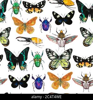 Nahtloses Muster mit bunten tropischen Schmetterlingen, Insekten. Aquarelldarstellung. Original realistische Hand bemalt Druck. Stockfoto