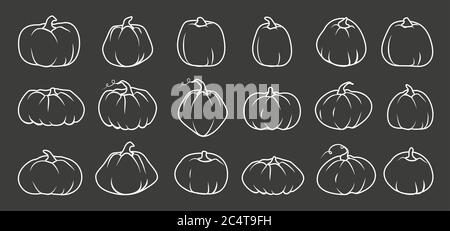 Weißes Kritzeln Herbst Kürbis Symbol Set. Linienschild Thanksgiving und Halloween, Saison Erntekapazität. Konturvorlage andere Form Kürbis. Piktogramm im linearen Stil. Isoliert auf dunkler Vektorgrafik Stock Vektor