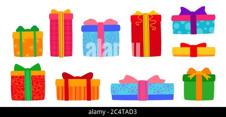 Geschenkbox weihnachten flat set. Cartoon-Boxen verschiedene Formen mit Band Schleifen. Urlaub niedlich traditionelle bunte und verzierte Geschenke. New Year Design Kollektion, bunte Muster. Vektorgrafik Stock Vektor