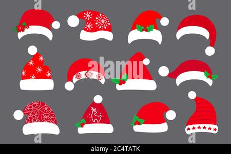 Weihnachten Weihnachtsmann Hut flach set. Weihnachten Santa rote Hüte, verziert Stechpalme, Muster. Neujahr Cartoon Urlaub niedlich traditionelle Mützen. Festliche Designkollektion. Isoliert auf dunkler Vektorgrafik Stock Vektor