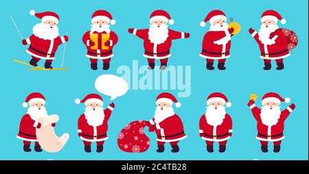 Santa Claus niedlichen Weihnachten flache Cartoon-Set. Sammlung lustige Charakter mit Geschenk, Tasche, Skifahren, Geschenk, Sprechblase. Verschiedene Emotionen santa, Neujahr Objekte. Vektorgrafik blauer Hintergrund Stock Vektor
