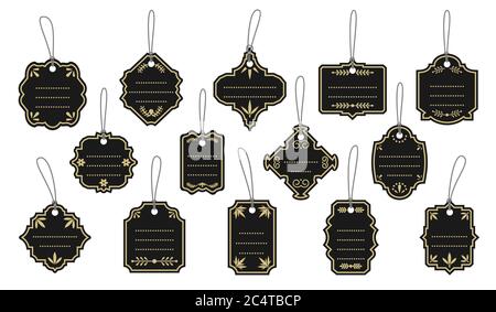 Retro schwarze Vintage Etiketten Gold Rahmen Dekoration Set. Aufkleber Banner Vorlage mit Punkten für Textfeld. Verschiedene Form leer Rand Banner, Menü-Design, Verkaufspreis.isoliert auf weißen Vektor-Illustration Stock Vektor