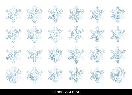 Frost Schneeflocken blau dünne Linie gesetzt. Winter Eis Kristall Element der Weihnachtsschmuck. Wettersymbole Schnee, Symbol gefrorenes Wasser. Objekt für die Gestaltung der Neujahrskarte. Isolierte Vektordarstellung Stock Vektor