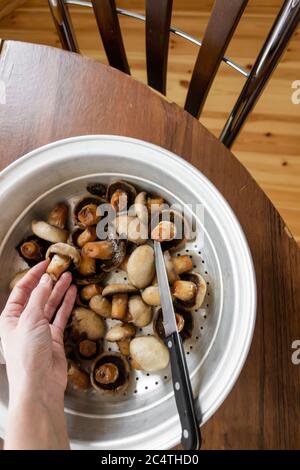 Die Hand der Frau hält ein Messer in der Hand und vor ihr liegen Pilze Stockfoto