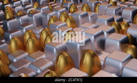 3D-Rendering von kubischen und ovalen Silber und goldenen Fliesen In verschiedenen Längen Stockfoto