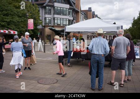 Händler und Einkäufer auf dem Saturday Farmers Market in Lake Oswego, Oregon, am 27. Juni 2020 während der Coronavirus-Pandemie. Stockfoto
