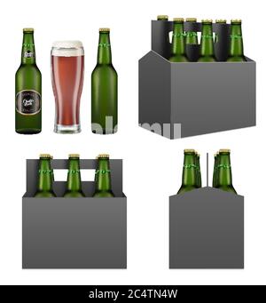 Dunkle Bierverpackung Mockup Set, Vektor isolierte Illustration Stock Vektor