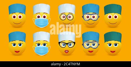 Arzt Emoticon Zeichensatz, Vektor isolierte Illustration Stock Vektor