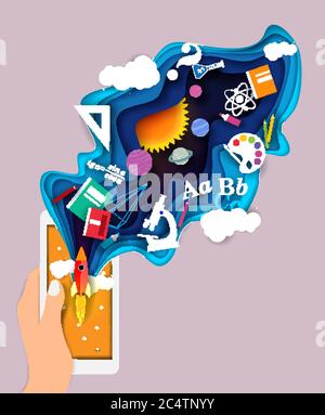 Mobile Education App, Vektorgrafik im Papierkunststil Stock Vektor
