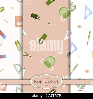 Nahtloses Muster mit verschiedenen Schulbedarf auf weißem Hintergrund. Vektorgrafik in flacher Form. Stock Vektor