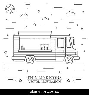 Modernes minimalistisches Food Car Design. Vektorgrafik. Dünne Linie Symbol Food Truck vorne. Für Webdesign und Anwendungsschnittstelle, auch nützlich für Infografiken. Stock Vektor