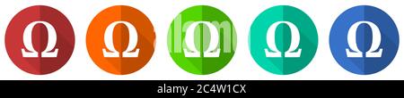 Omega Icon Set, rot, blau, grün und orange flaches Design Web-Tasten isoliert auf weißem Hintergrund, Vektor-Illustration Stock Vektor