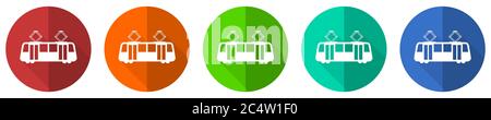 Tram Icon Set, rot, blau, grün und orange flaches Design Web-Tasten isoliert auf weißem Hintergrund, Vektor-Illustration Stock Vektor